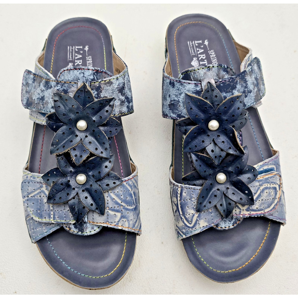 Spring Step L’artiste Karina Slide Sandals Sz 8.5 EU 39 Blue Flowers - Picture 2 of 10